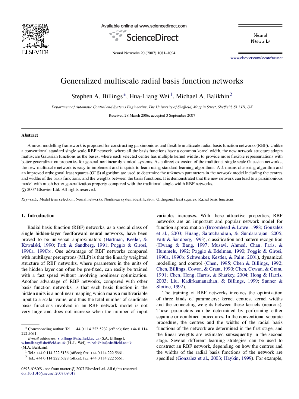 Generalized multiscale radial basis function networks