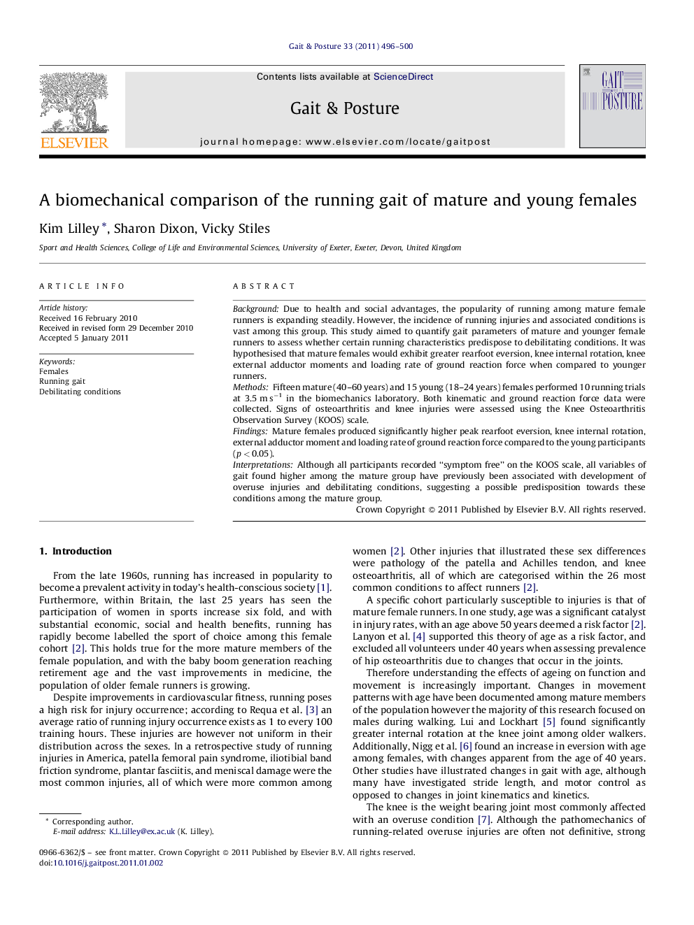 A biomechanical comparison of the running gait of mature and young females