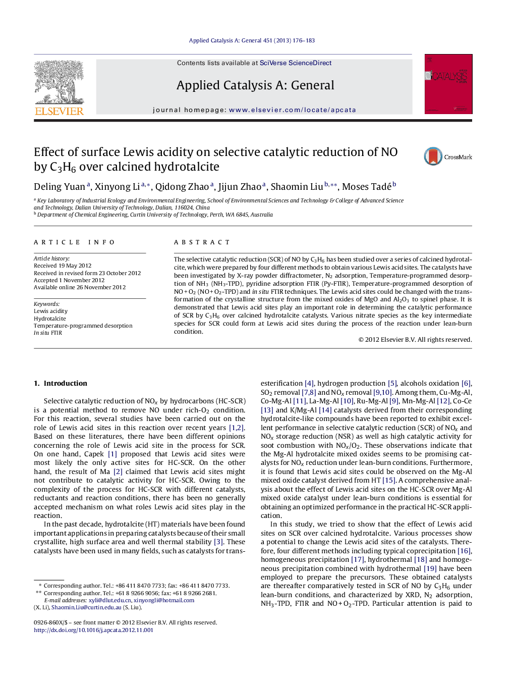 Effect of surface Lewis acidity on selective catalytic reduction of NO by C3H6 over calcined hydrotalcite