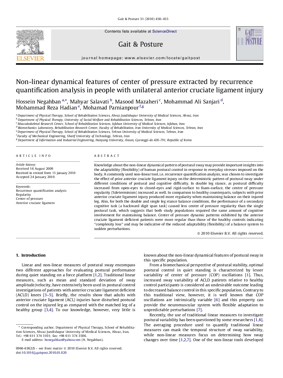 Non-linear dynamical features of center of pressure extracted by recurrence quantification analysis in people with unilateral anterior cruciate ligament injury