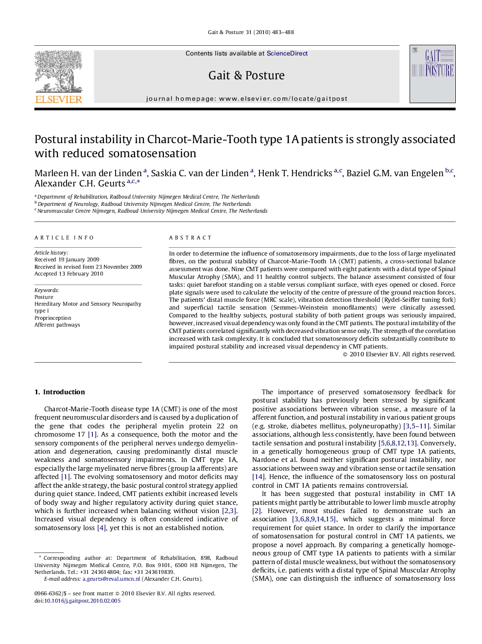 Postural instability in Charcot-Marie-Tooth type 1A patients is strongly associated with reduced somatosensation