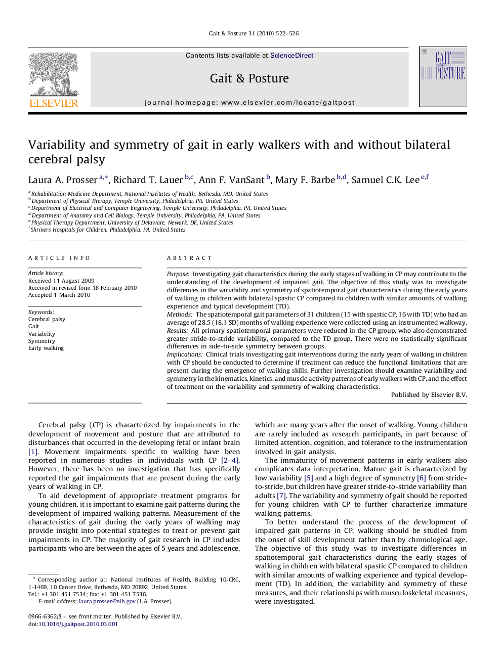 Variability and symmetry of gait in early walkers with and without bilateral cerebral palsy