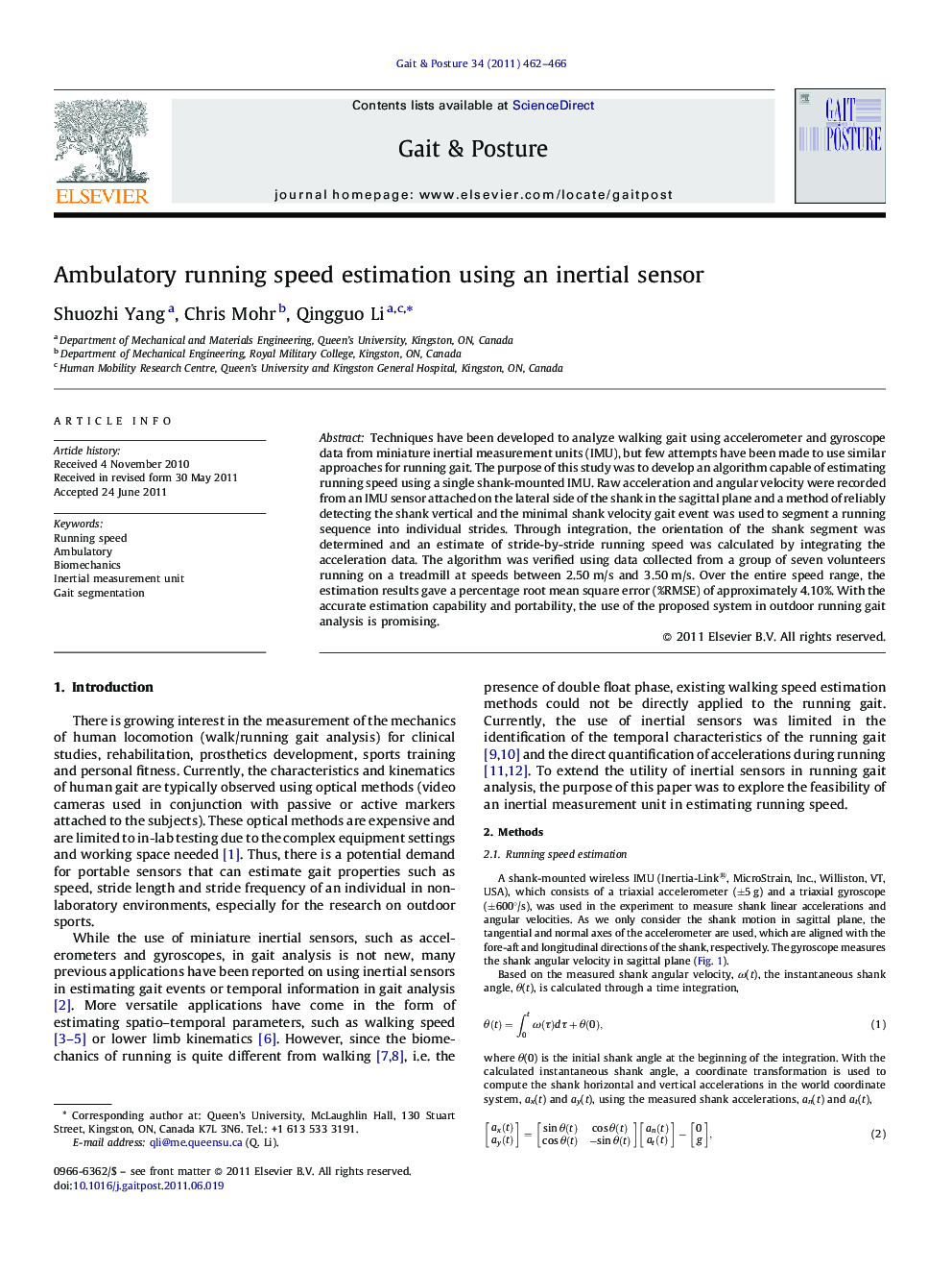 Ambulatory running speed estimation using an inertial sensor