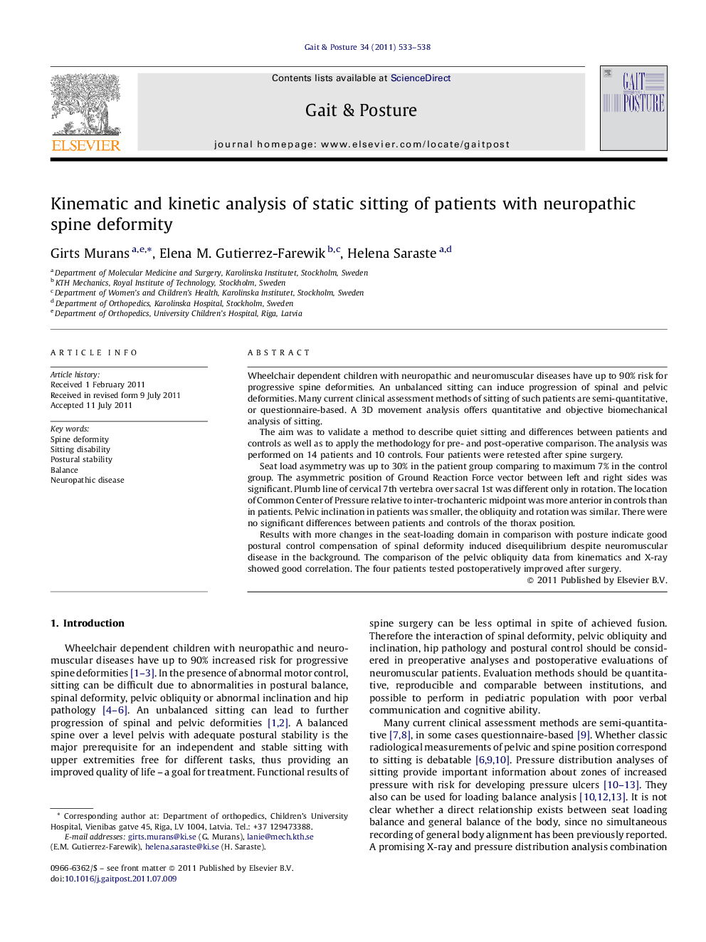 Kinematic and kinetic analysis of static sitting of patients with neuropathic spine deformity