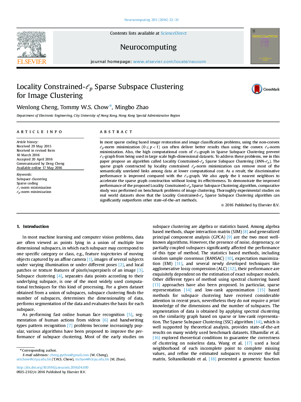 Locality Constrained-ℓp Sparse Subspace Clustering for Image Clustering