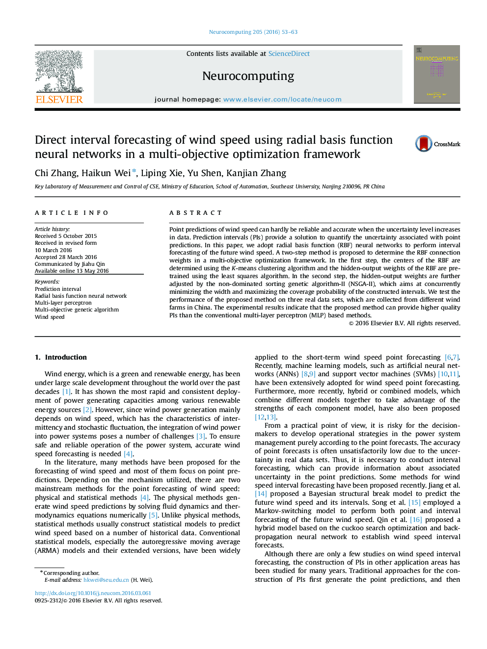 Direct interval forecasting of wind speed using radial basis function neural networks in a multi-objective optimization framework