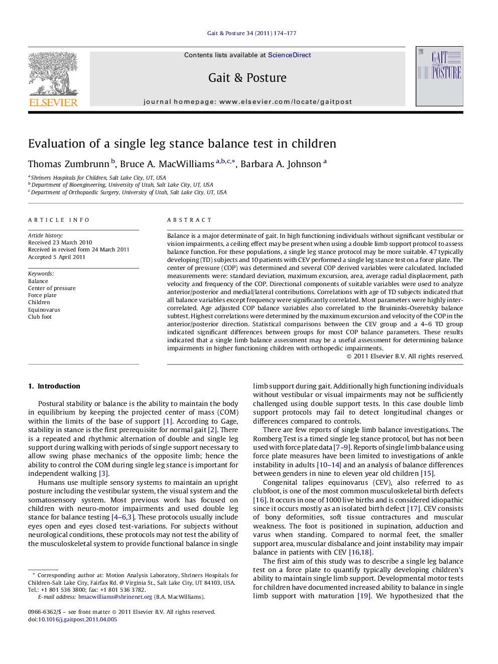 Evaluation of a single leg stance balance test in children