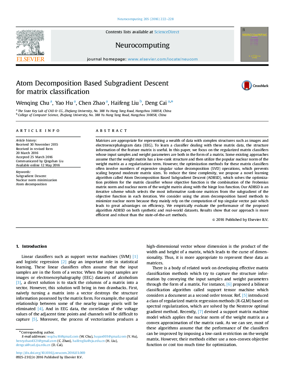 Atom Decomposition Based Subgradient Descent for matrix classification