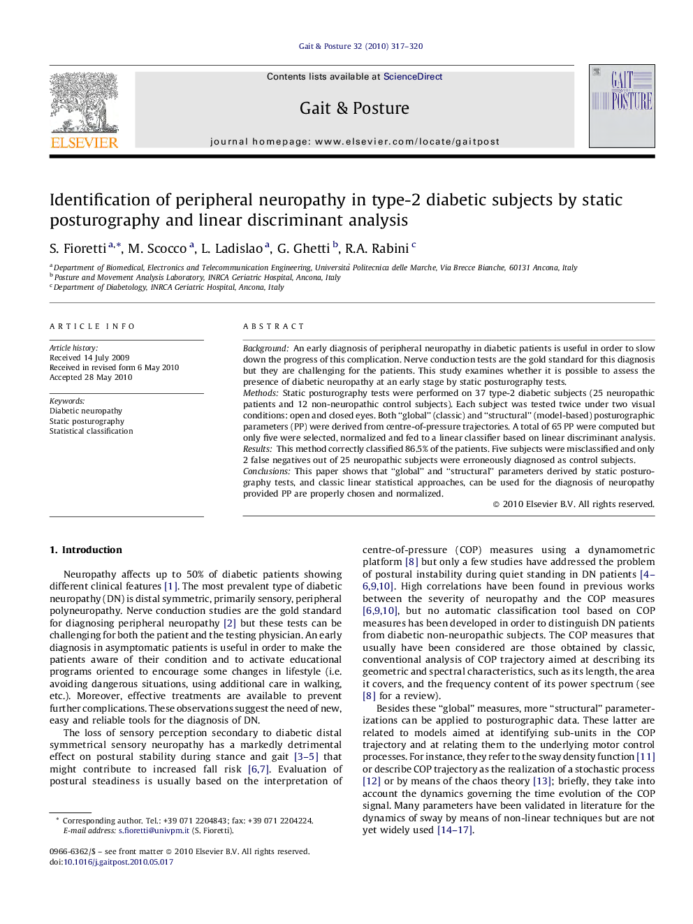 Identification of peripheral neuropathy in type-2 diabetic subjects by static posturography and linear discriminant analysis