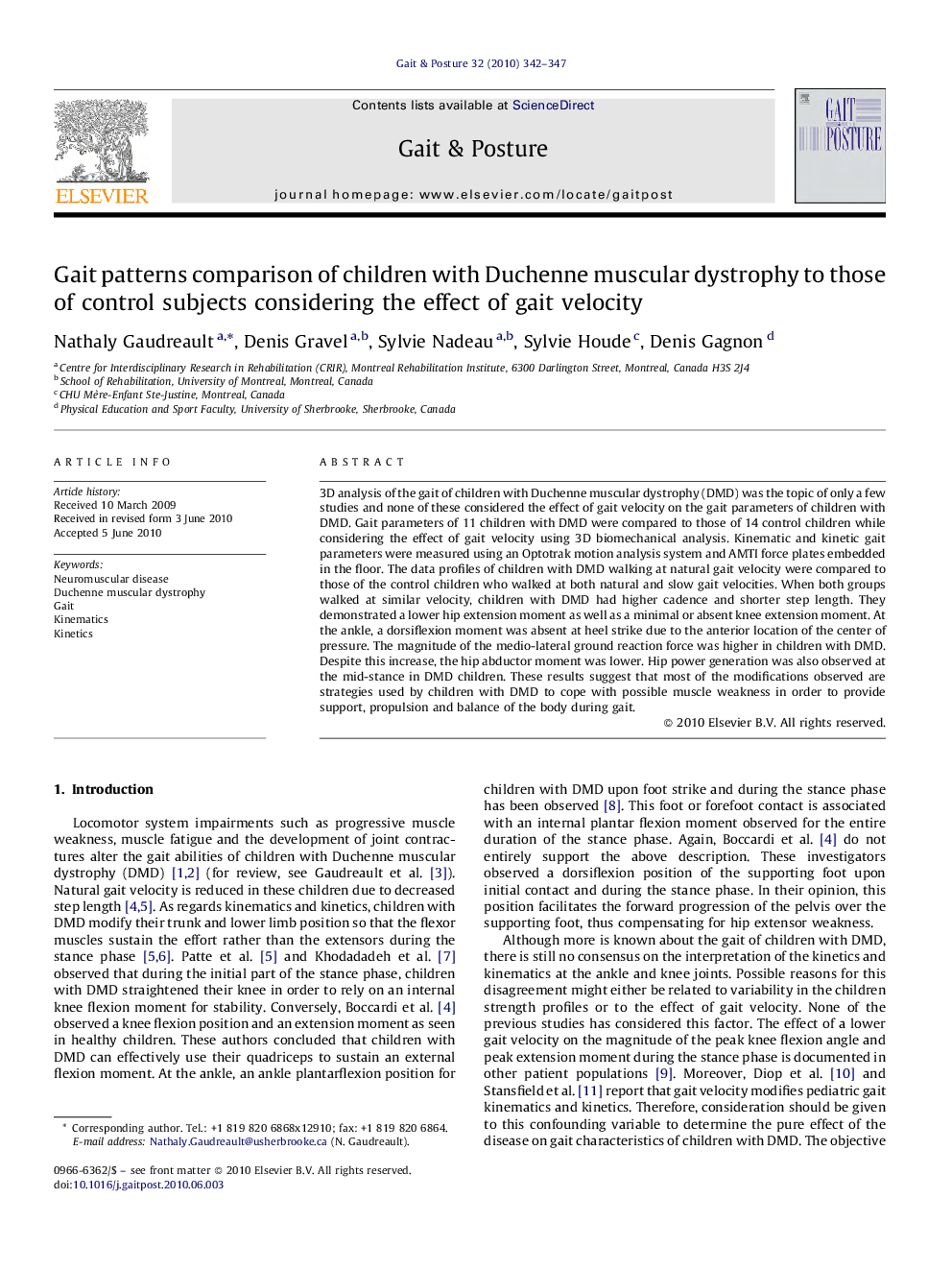 Gait patterns comparison of children with Duchenne muscular dystrophy to those of control subjects considering the effect of gait velocity