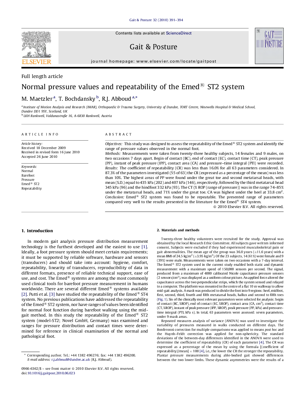 Normal pressure values and repeatability of the Emed® ST2 system