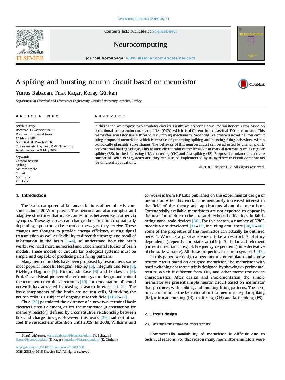 یک مدار عصبی Spiking و bursting بر اساس memristor