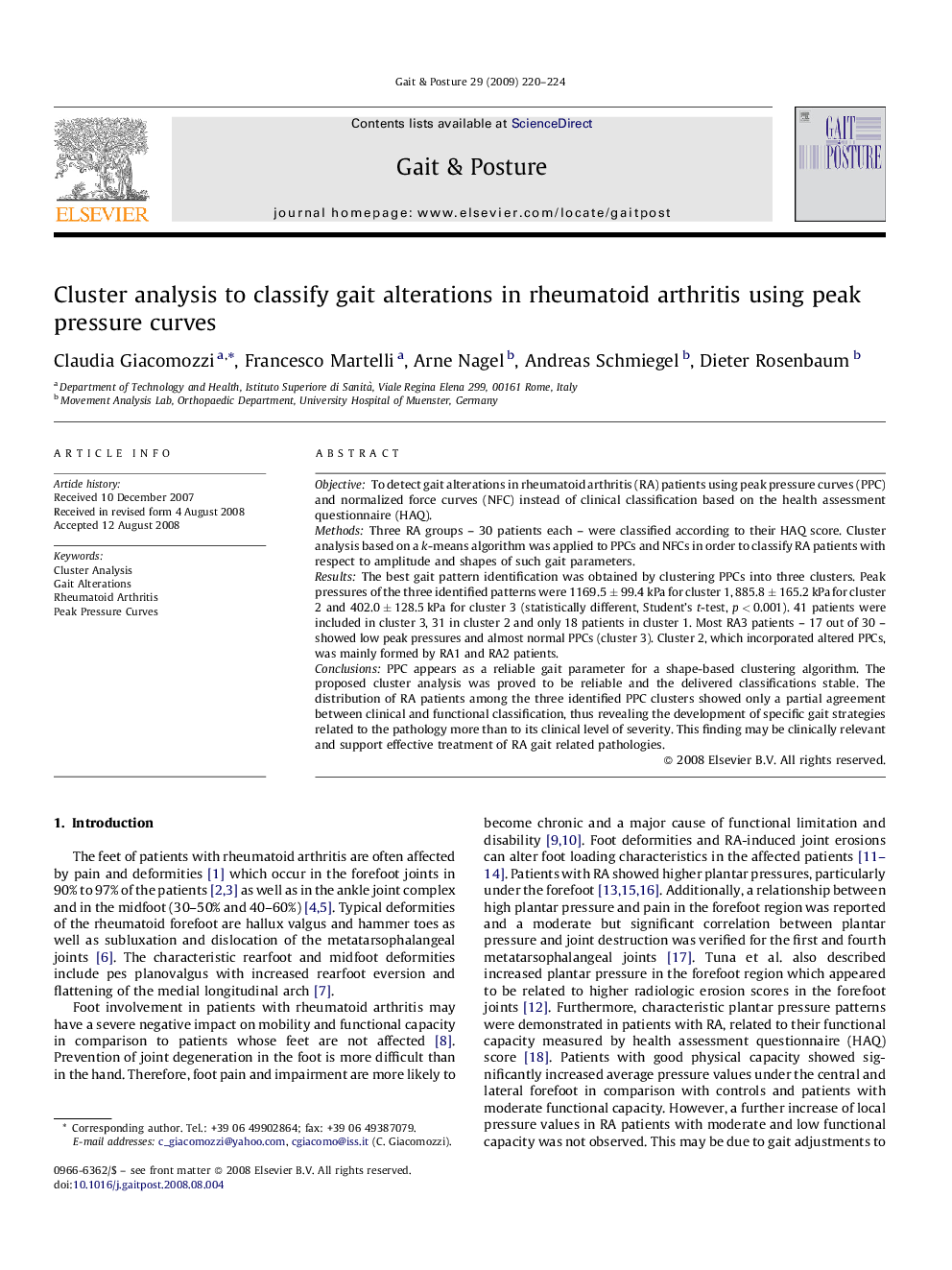 Cluster analysis to classify gait alterations in rheumatoid arthritis using peak pressure curves