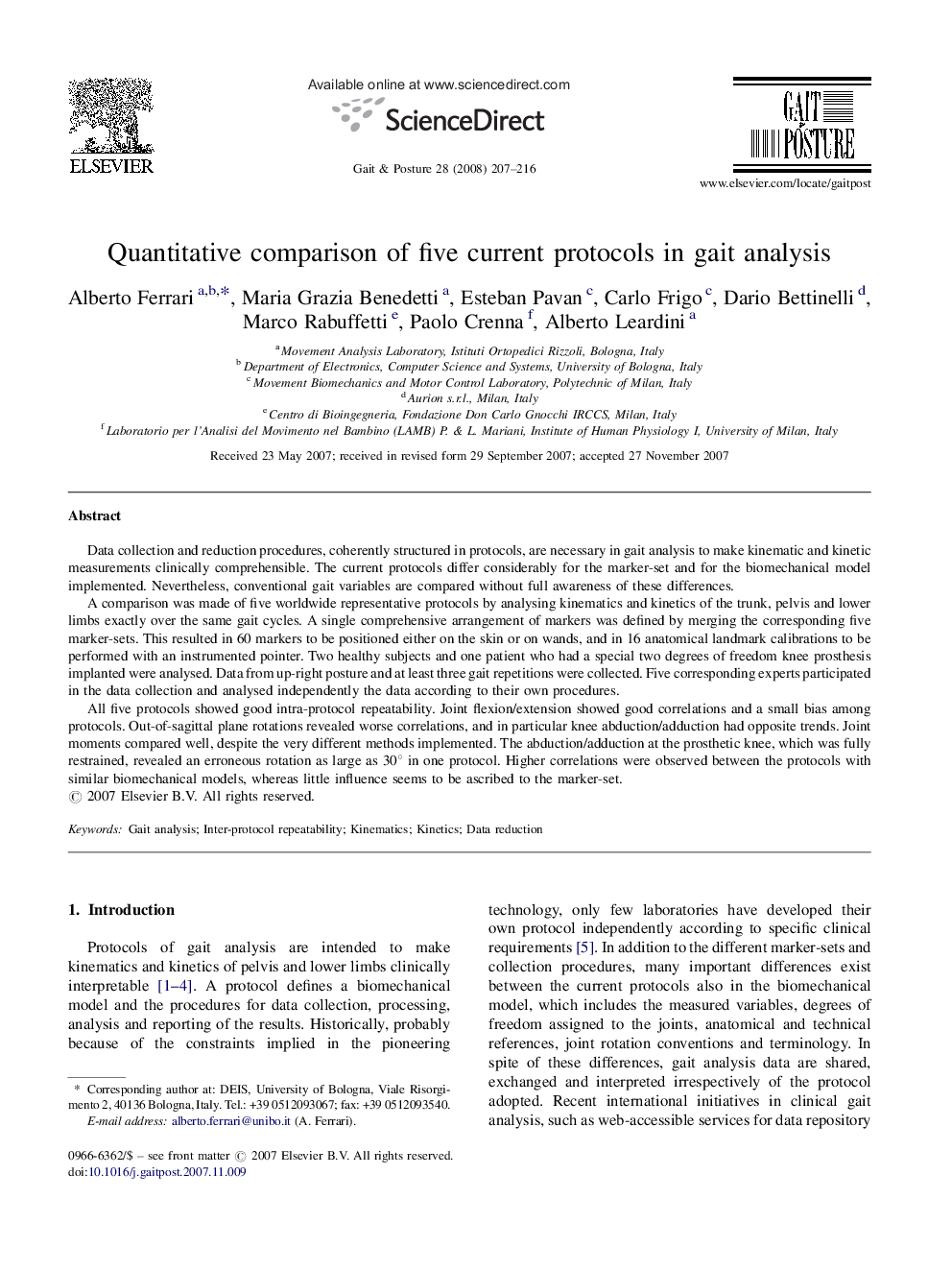 Quantitative comparison of five current protocols in gait analysis