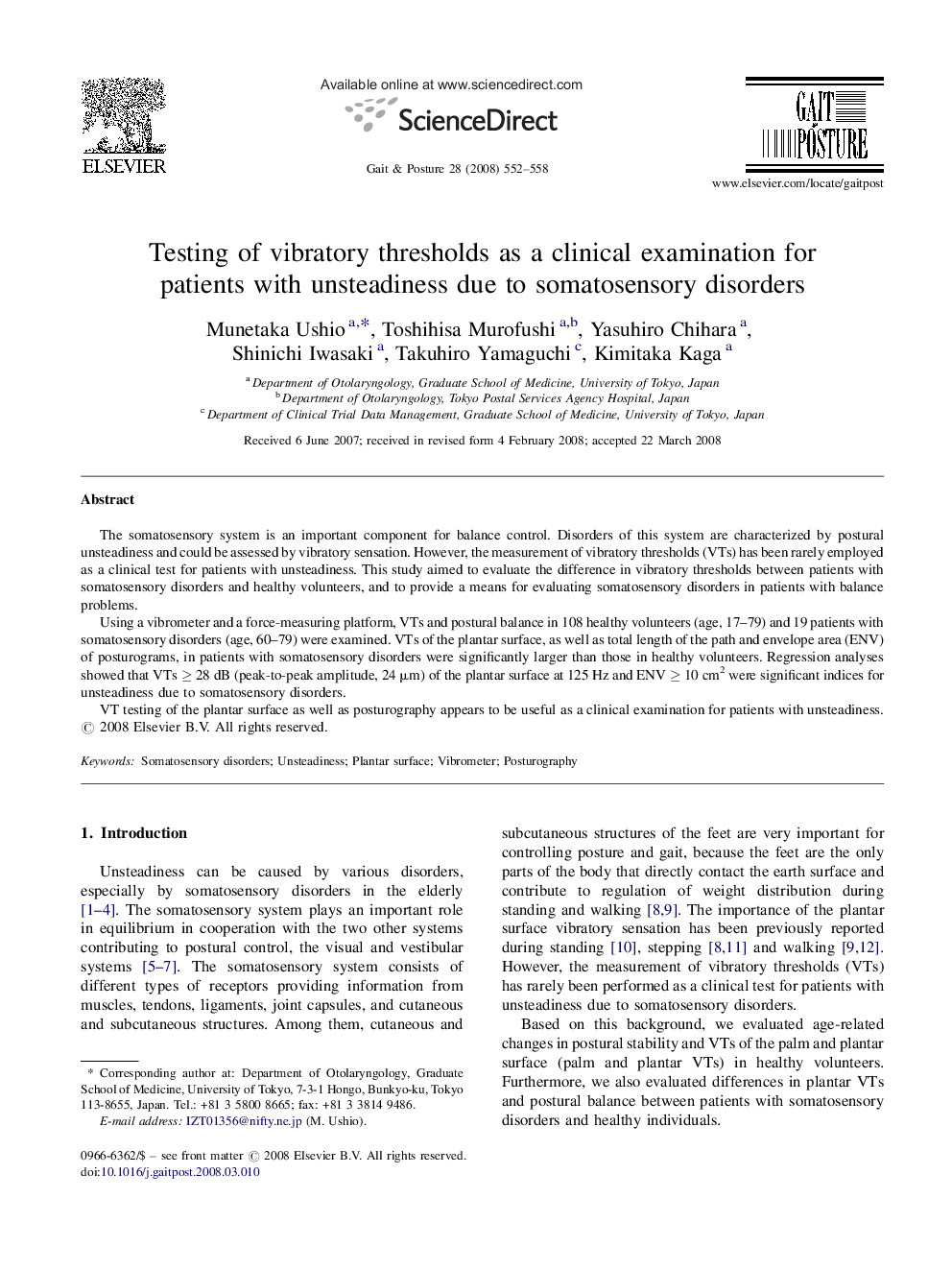 Testing of vibratory thresholds as a clinical examination for patients with unsteadiness due to somatosensory disorders