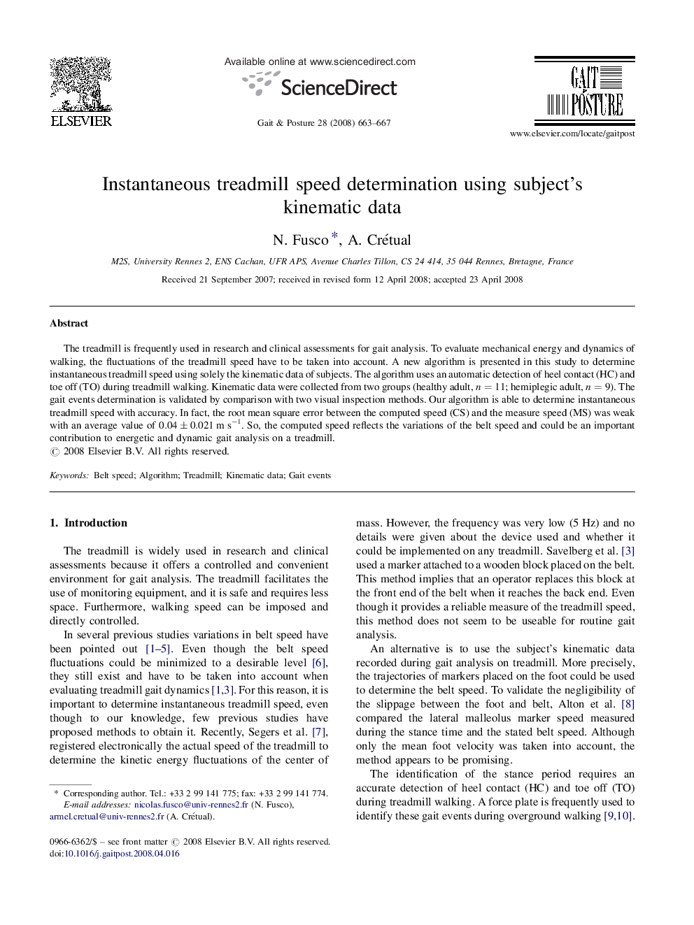 Instantaneous treadmill speed determination using subject’s kinematic data