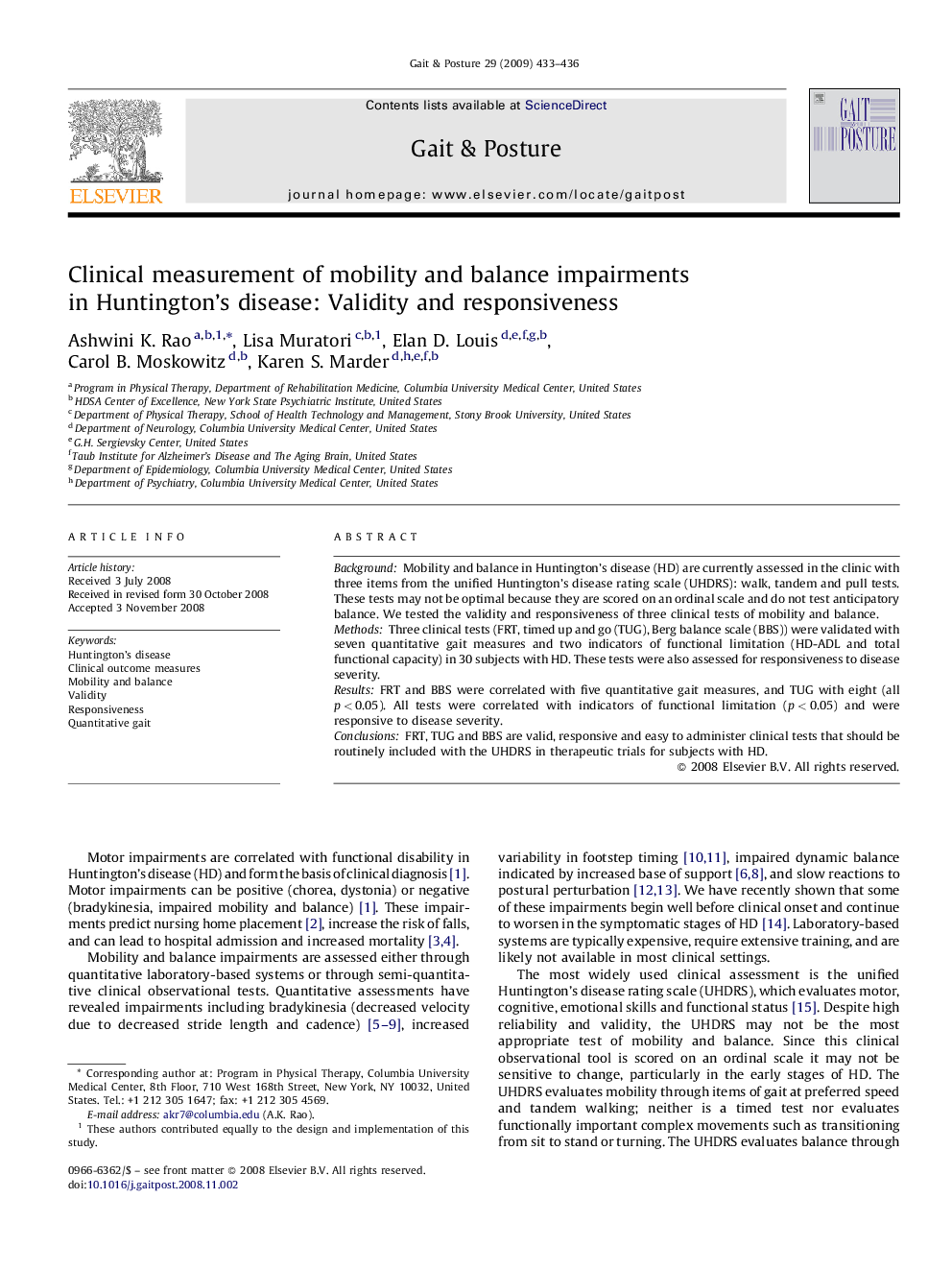 Clinical measurement of mobility and balance impairments in Huntington's disease: Validity and responsiveness