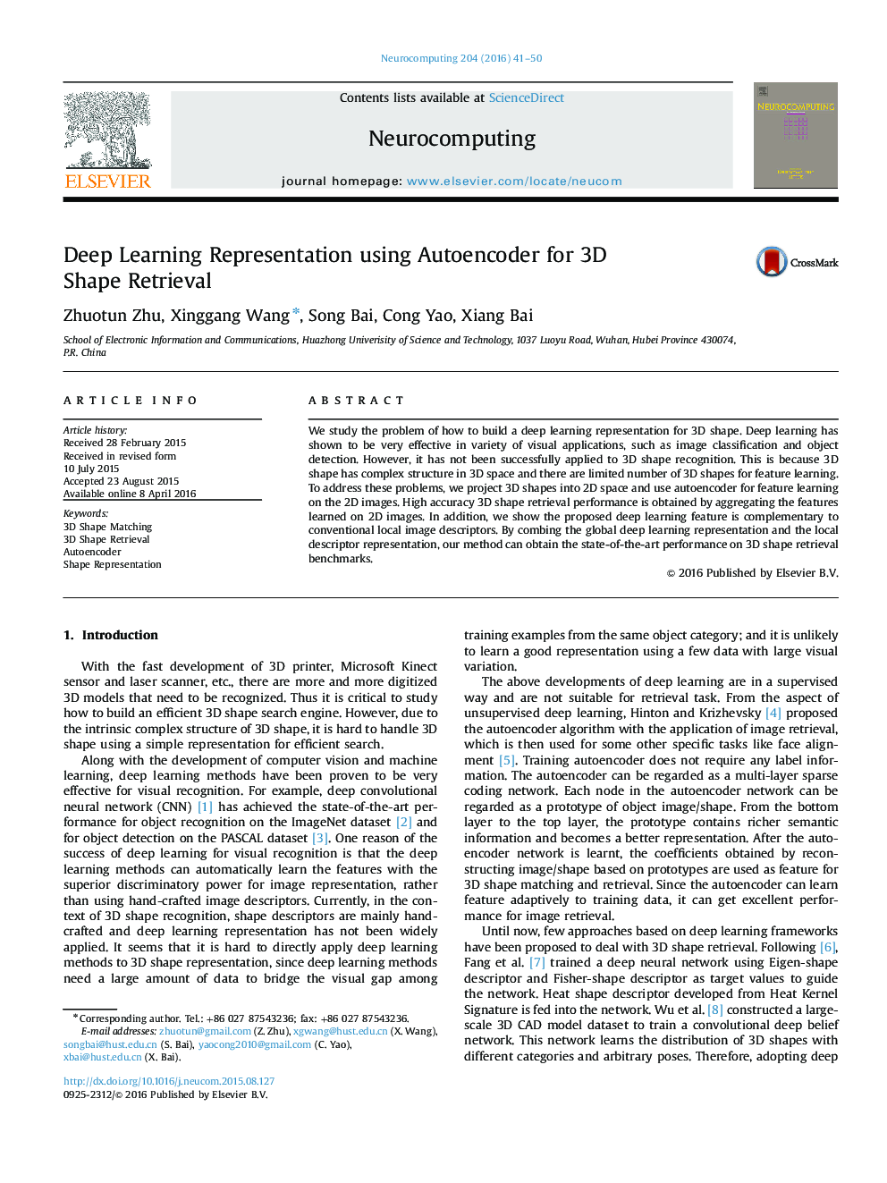 Deep Learning Representation using Autoencoder for 3D Shape Retrieval