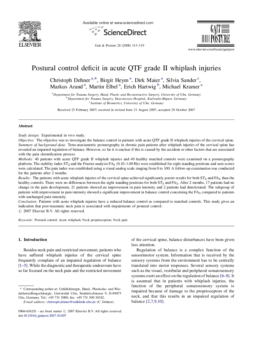 Postural control deficit in acute QTF grade II whiplash injuries