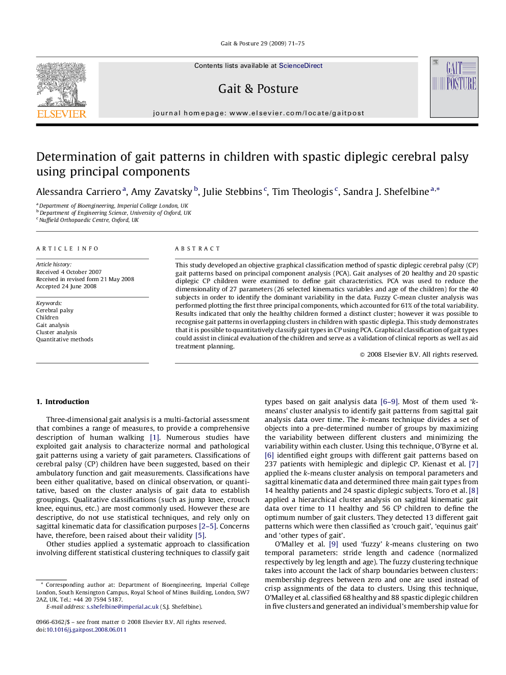 Determination of gait patterns in children with spastic diplegic cerebral palsy using principal components