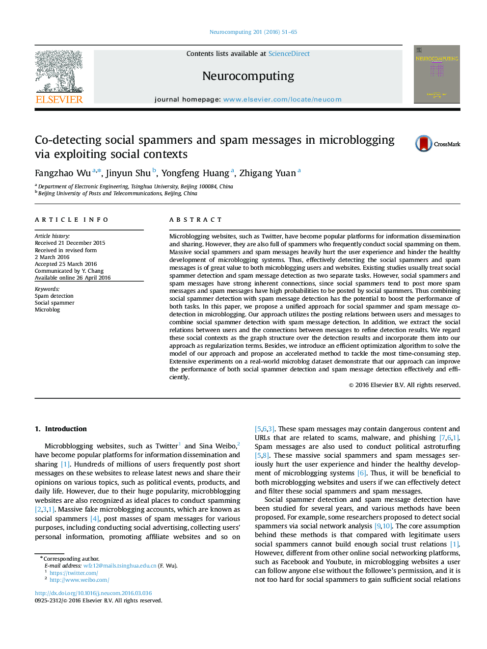 Co-detecting social spammers and spam messages in microblogging via exploiting social contexts