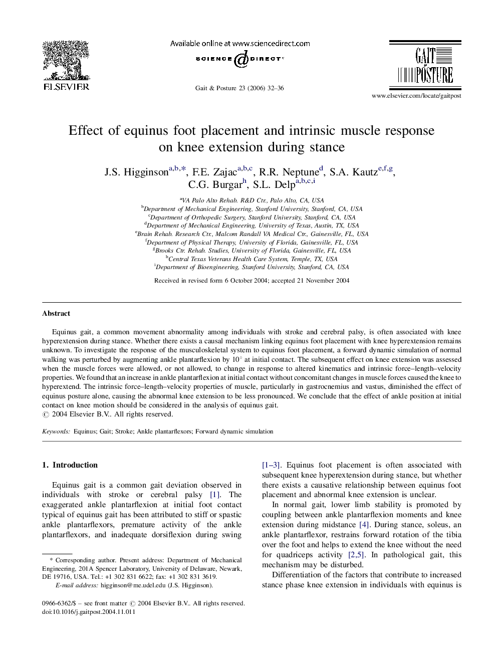 Effect of equinus foot placement and intrinsic muscle response on knee extension during stance