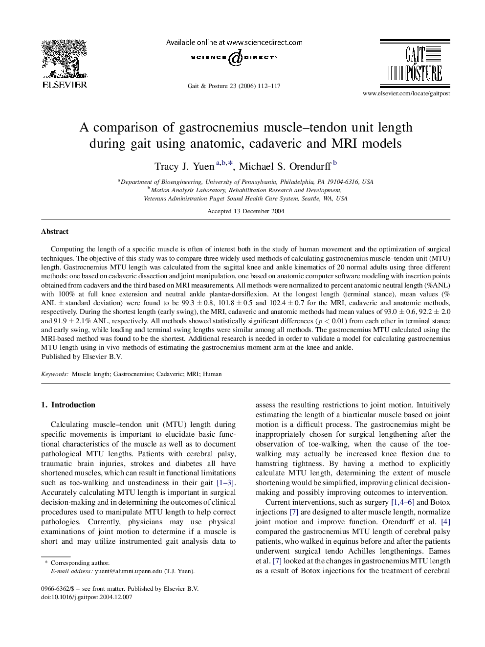 A comparison of gastrocnemius muscle–tendon unit length during gait using anatomic, cadaveric and MRI models