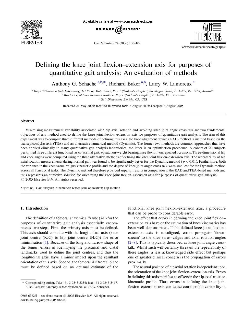 Defining the knee joint flexion–extension axis for purposes of quantitative gait analysis: An evaluation of methods