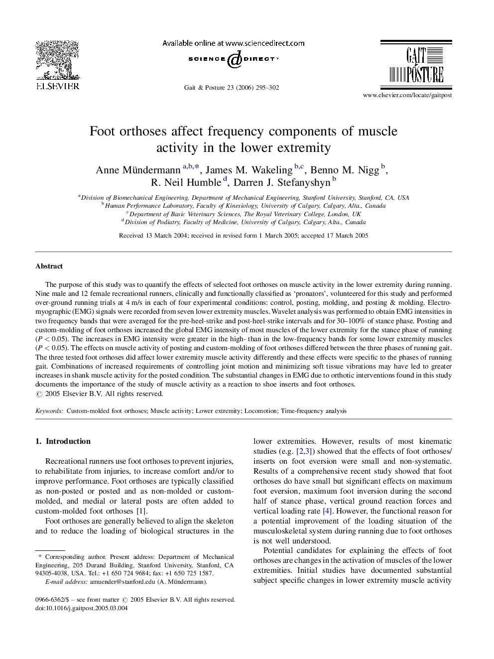 Foot orthoses affect frequency components of muscle activity in the lower extremity