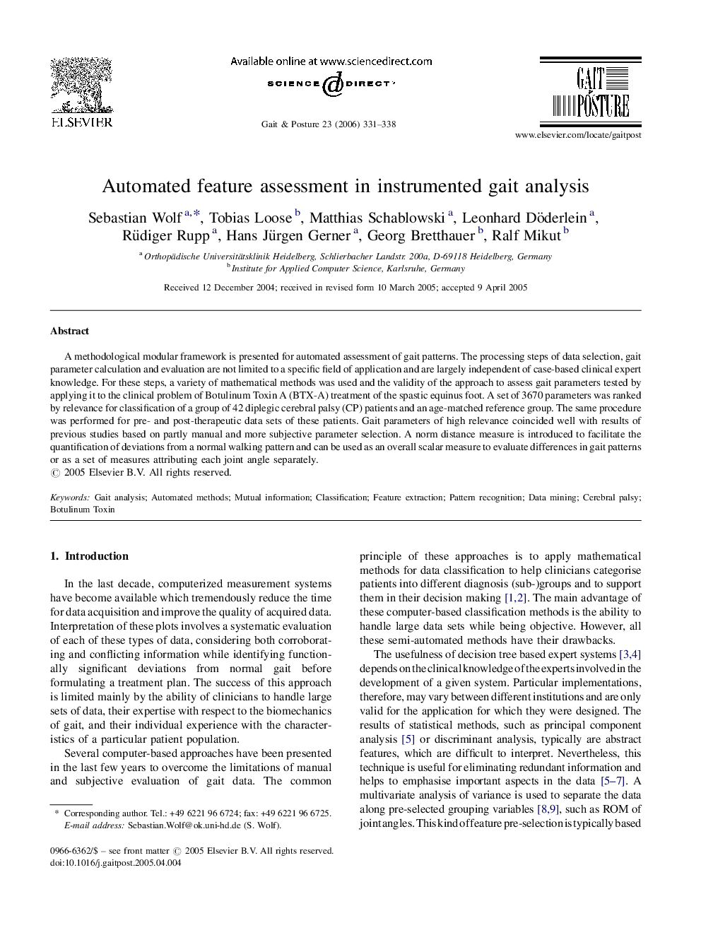 Automated feature assessment in instrumented gait analysis