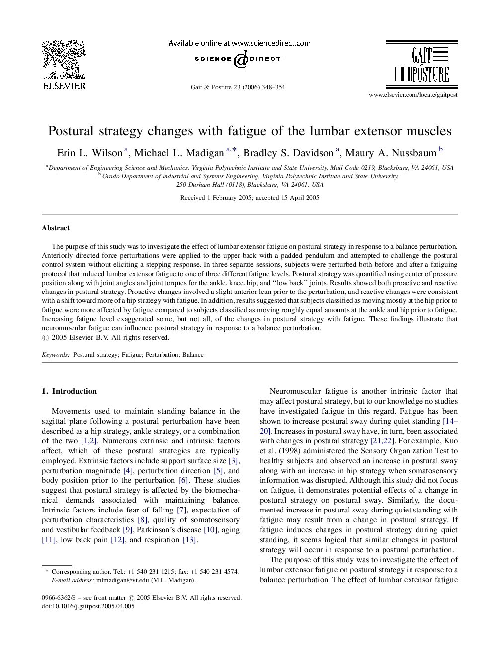 Postural strategy changes with fatigue of the lumbar extensor muscles