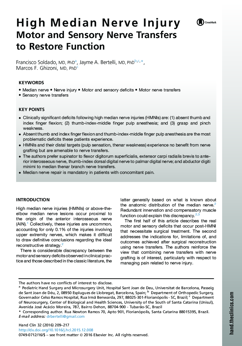 High Median Nerve Injury