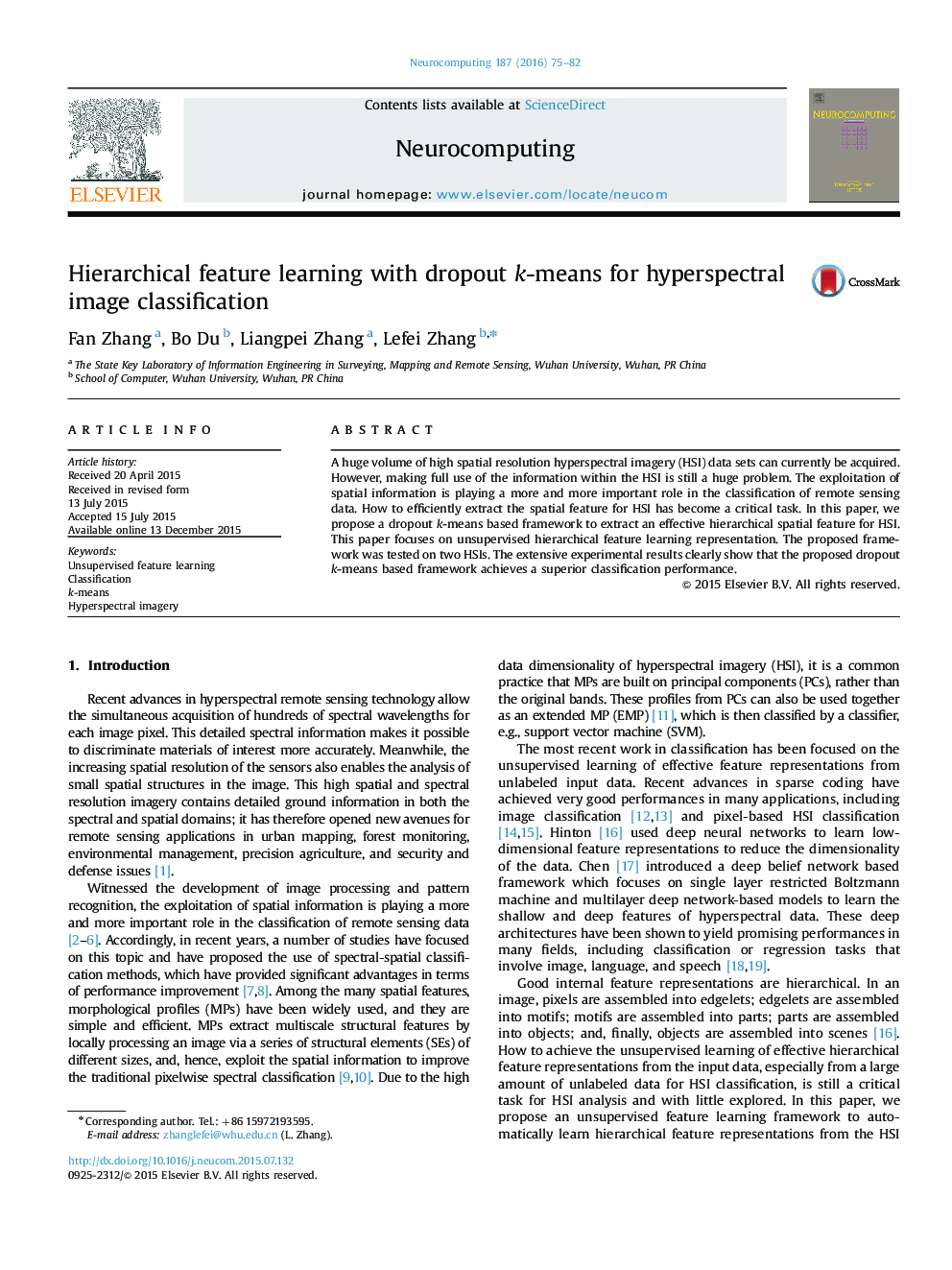 Hierarchical feature learning with dropout k-means for hyperspectral image classification