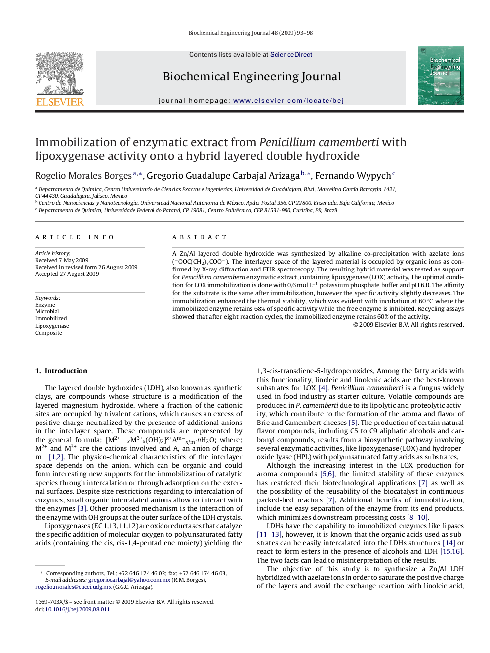 Immobilization of enzymatic extract from Penicillium camemberti with lipoxygenase activity onto a hybrid layered double hydroxide