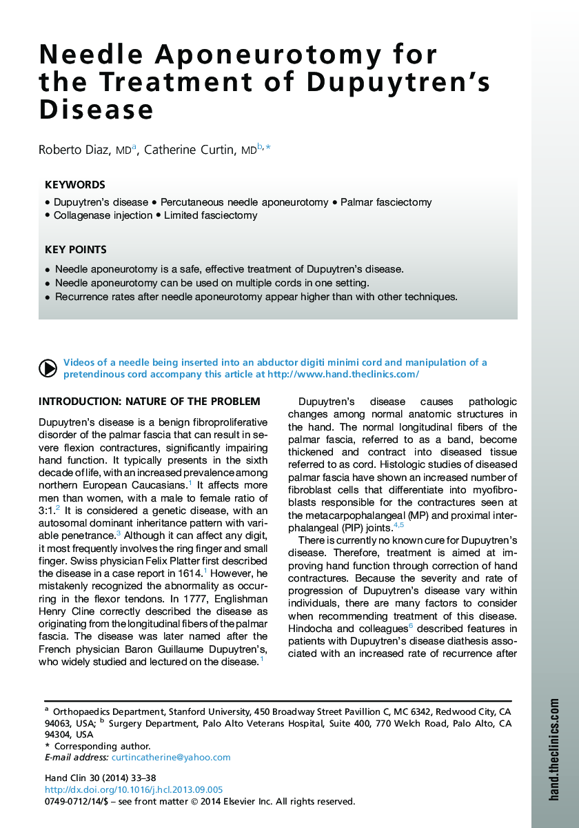 Needle Aponeurotomy for the Treatment of Dupuytren's Disease