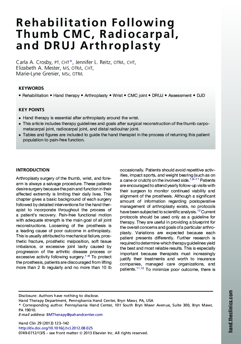 Rehabilitation Following Thumb CMC, Radiocarpal, and DRUJ Arthroplasty