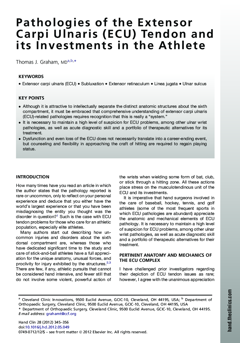 Pathologies of the Extensor Carpi Ulnaris (ECU) Tendon and its Investments in the Athlete