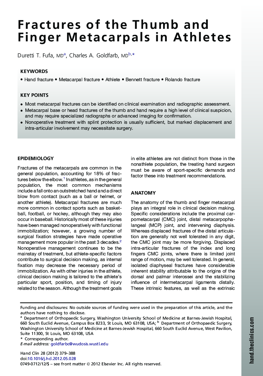 Fractures of the Thumb and Finger Metacarpals in Athletes