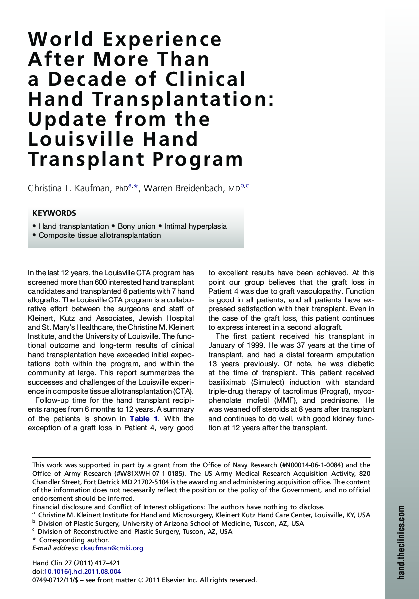 World Experience After More Than a Decade of Clinical Hand Transplantation: Update from the Louisville Hand Transplant Program