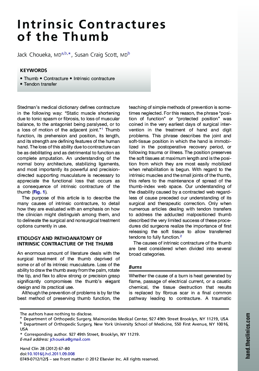 Intrinsic Contractures of the Thumb