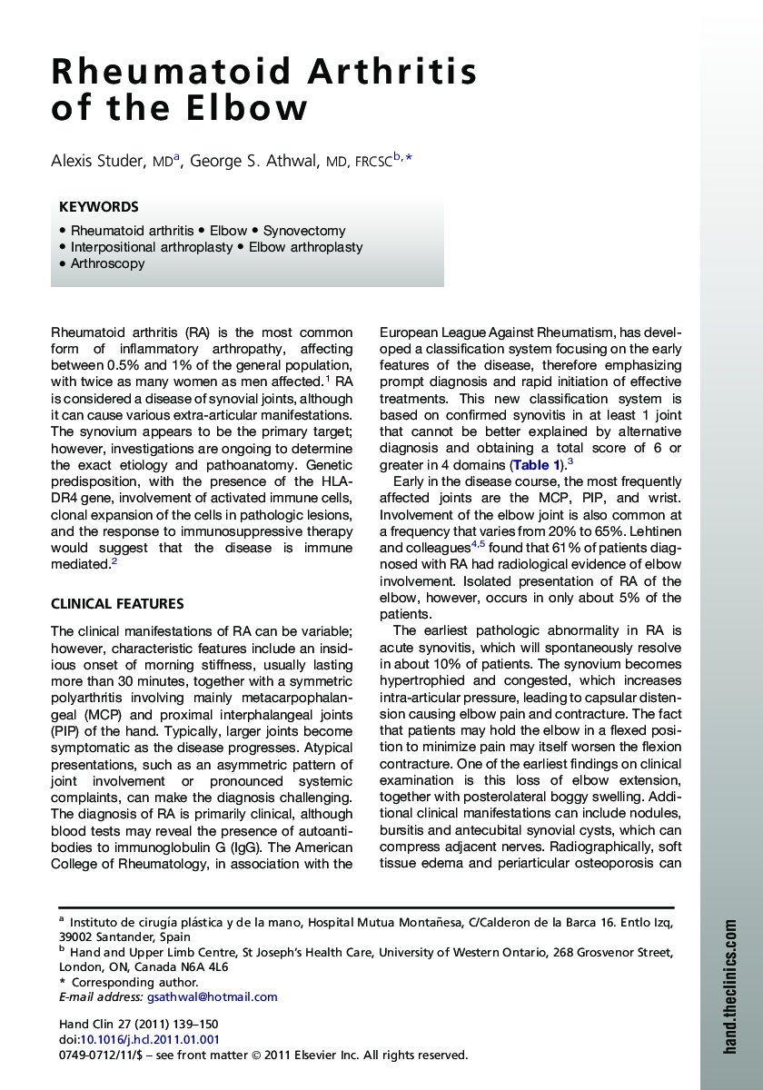 Rheumatoid Arthritis of the Elbow