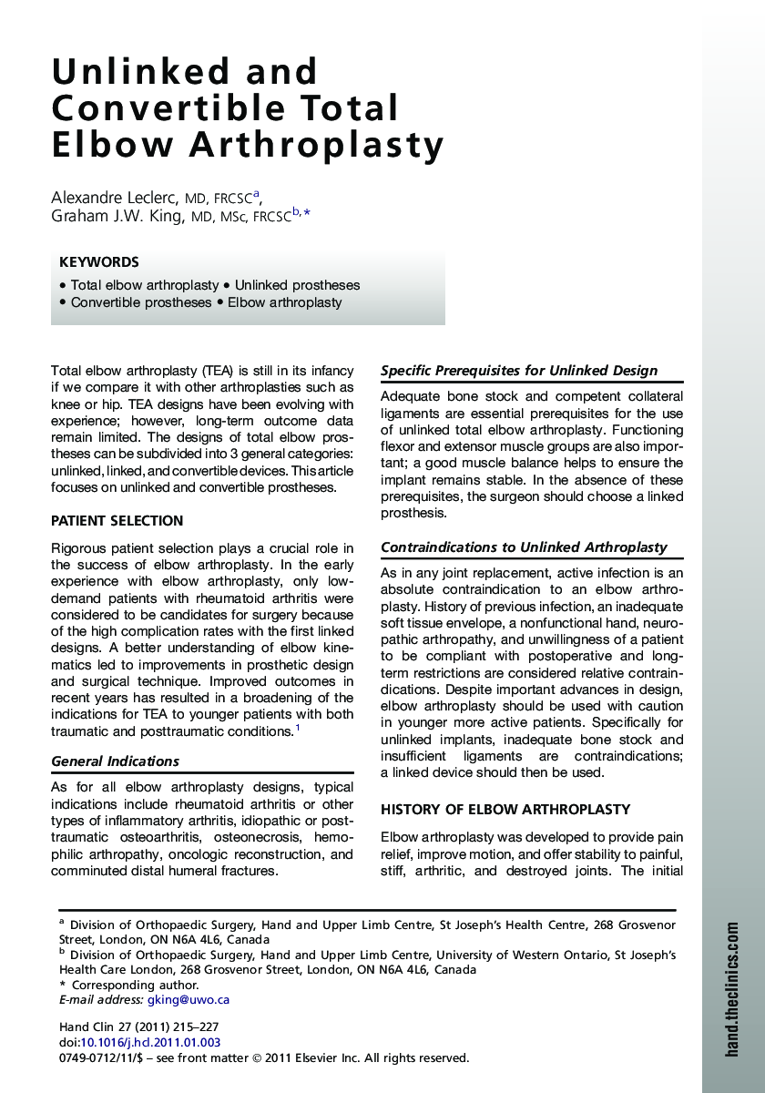 Unlinked and Convertible Total Elbow Arthroplasty