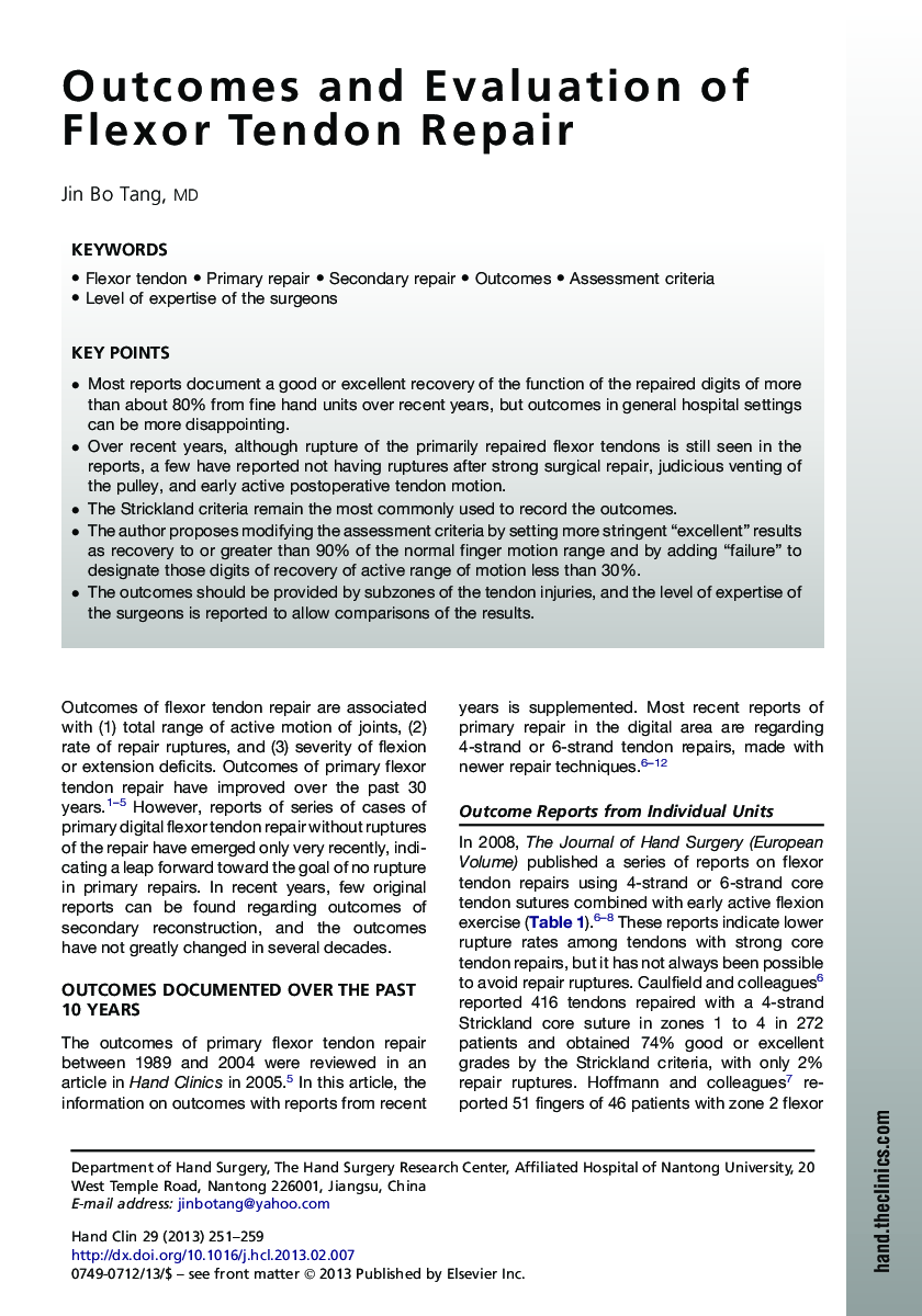 Outcomes and Evaluation of Flexor Tendon Repair