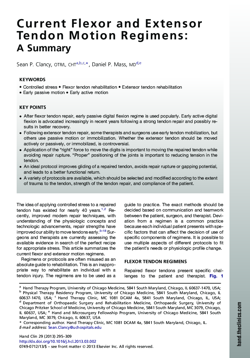 Current Flexor and Extensor Tendon Motion Regimens