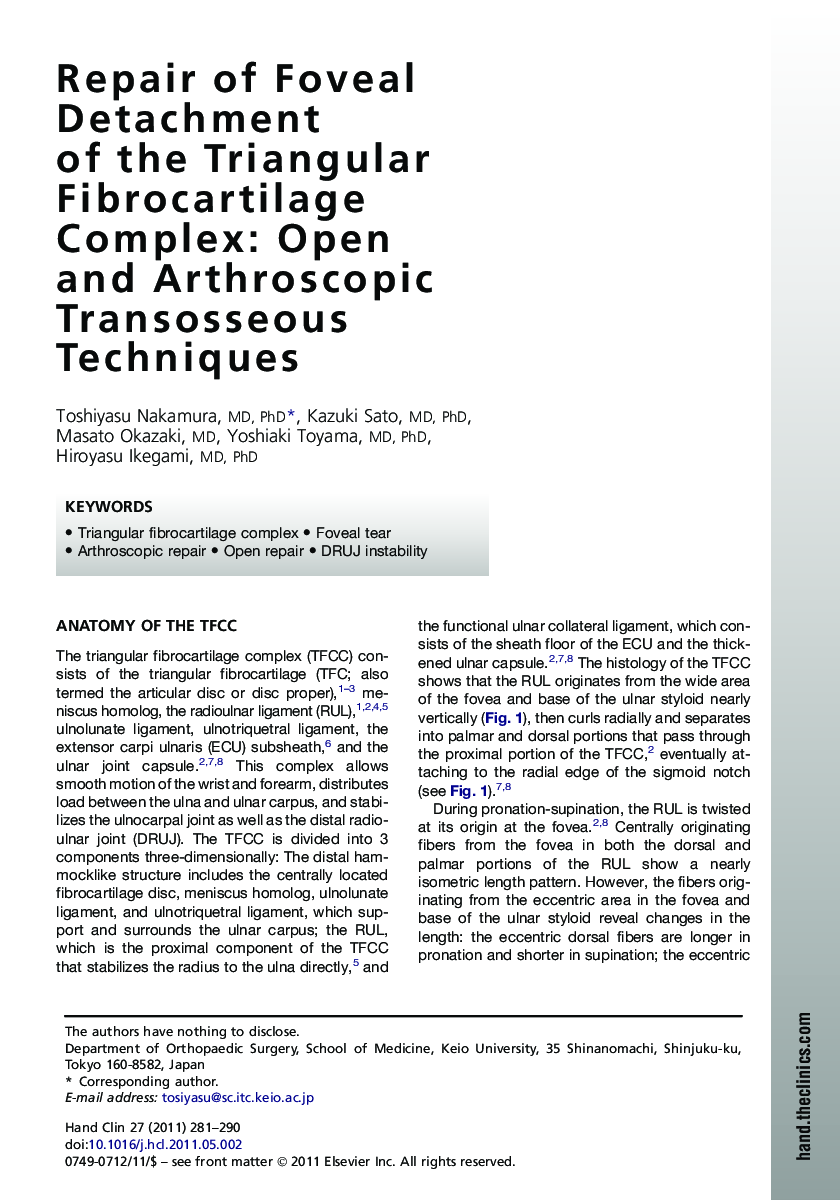 Repair of Foveal Detachment of the Triangular Fibrocartilage Complex: Open and Arthroscopic Transosseous Techniques