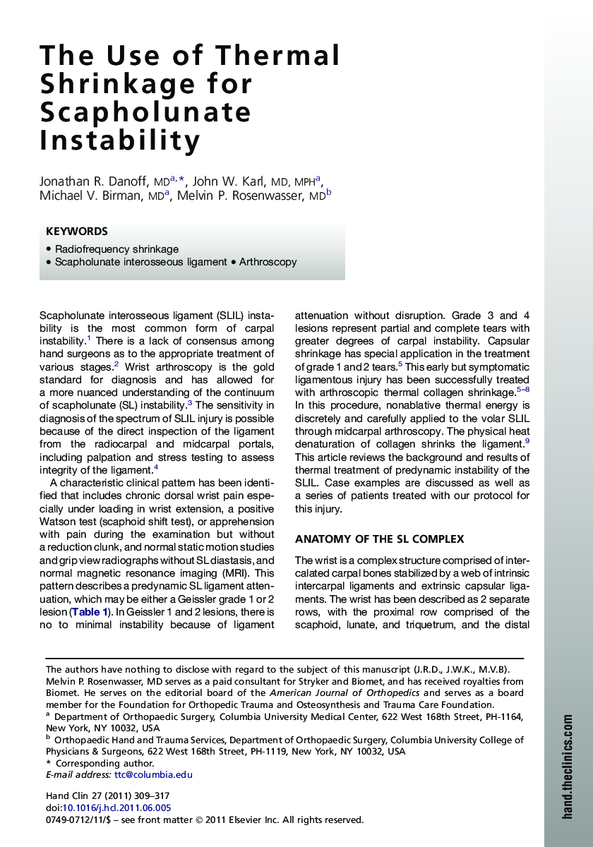 The Use of Thermal Shrinkage for Scapholunate Instability