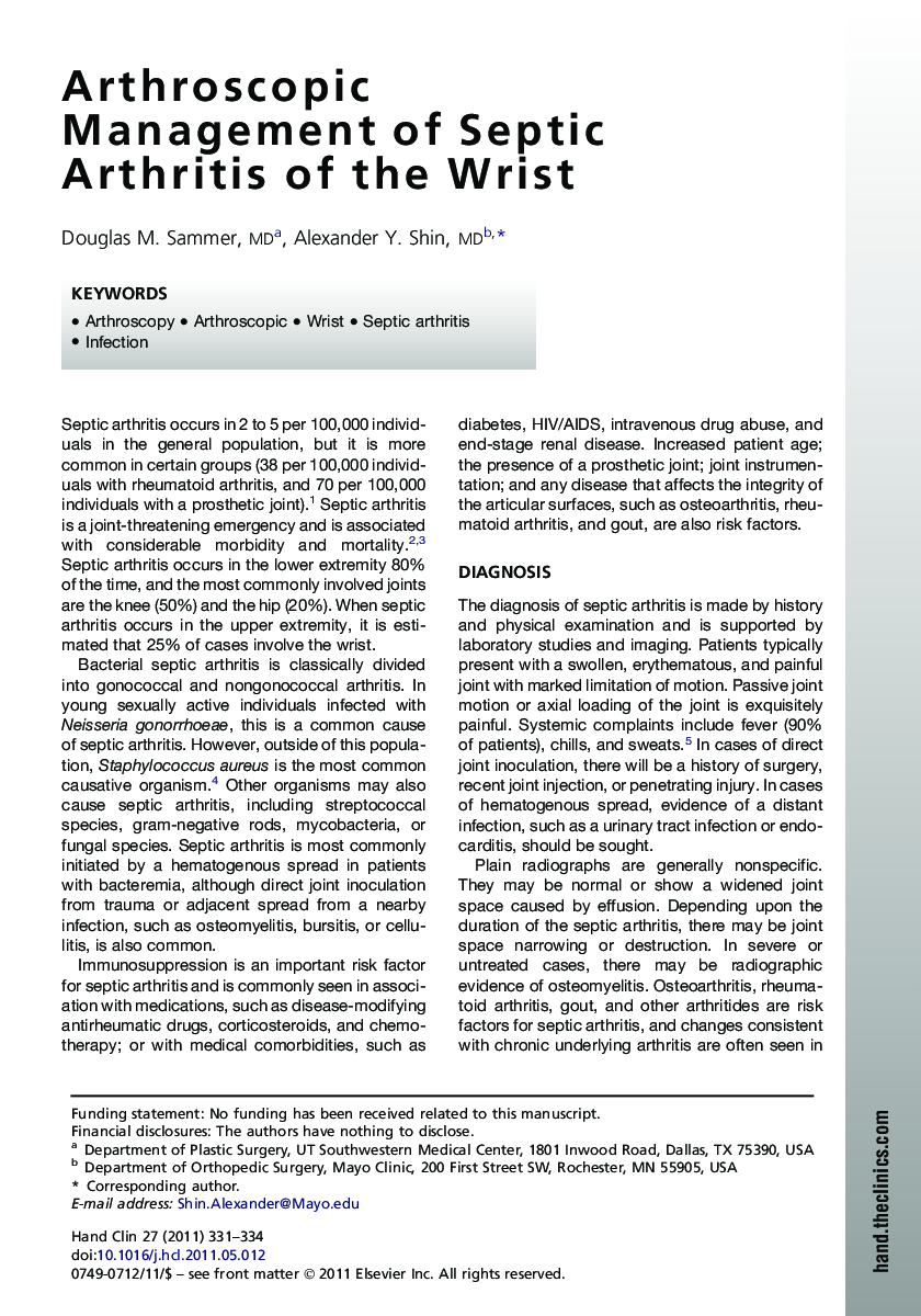 Arthroscopic Management of Septic Arthritis of the Wrist