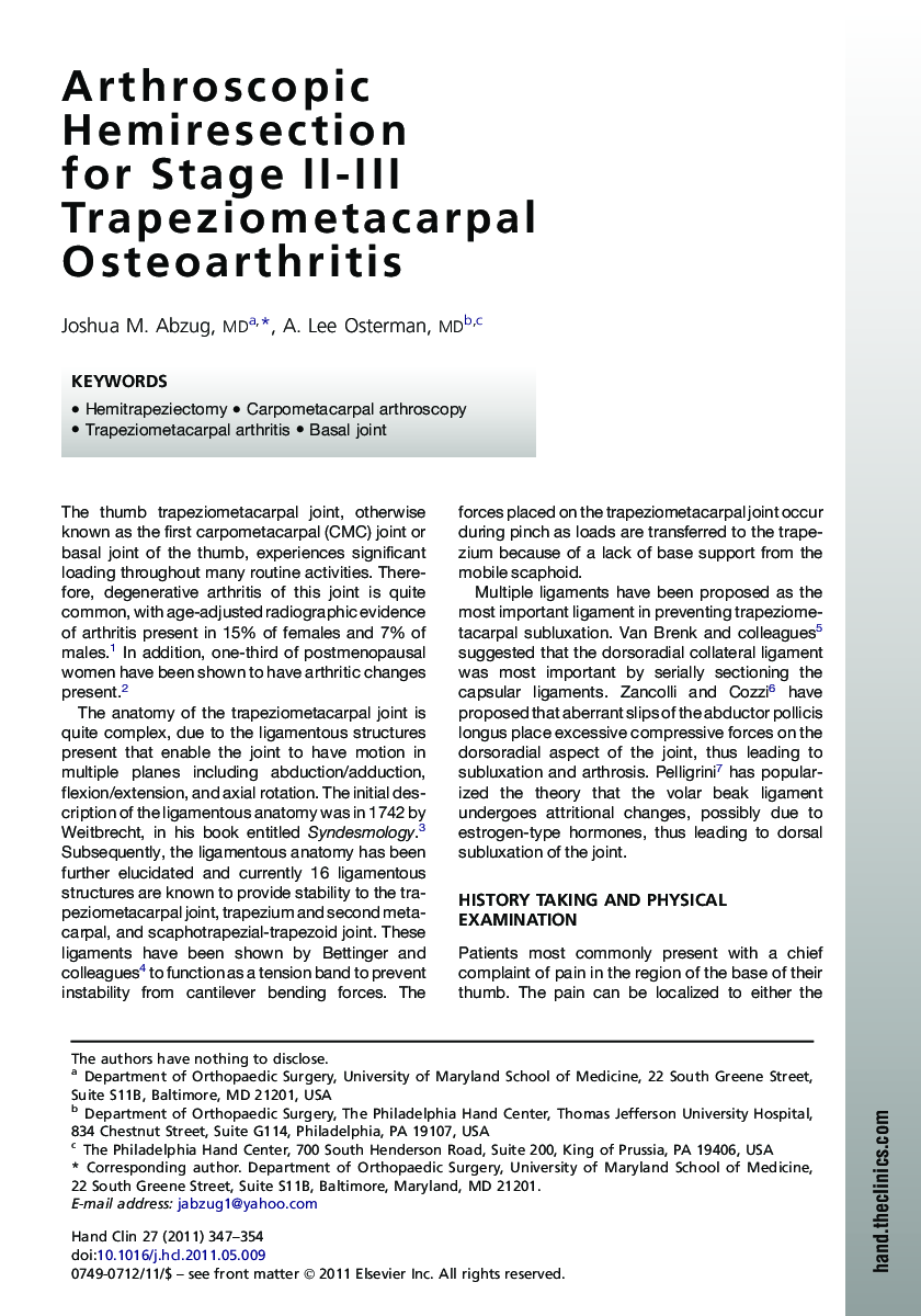 Arthroscopic Hemiresection for Stage II-III Trapeziometacarpal Osteoarthritis