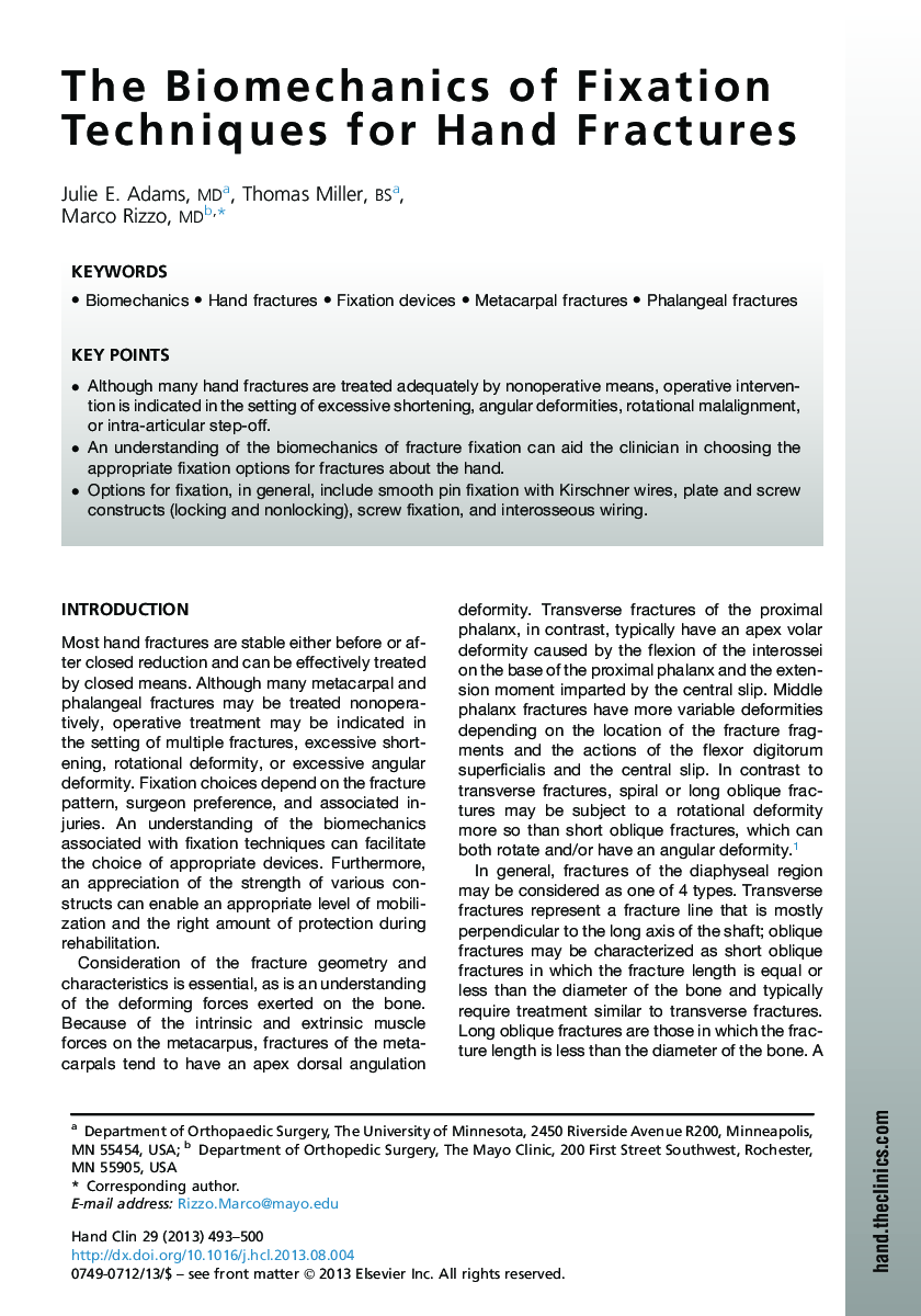 The Biomechanics of Fixation Techniques for Hand Fractures