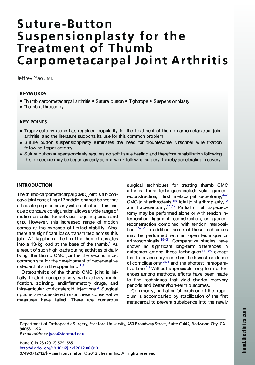 Suture-Button Suspensionplasty for the Treatment of Thumb Carpometacarpal Joint Arthritis